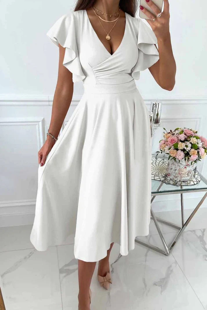 Ladies Midi Dress – V-Neck – Ruffled Sleeves – Fitted – Elegant Flared Fit - Image 3