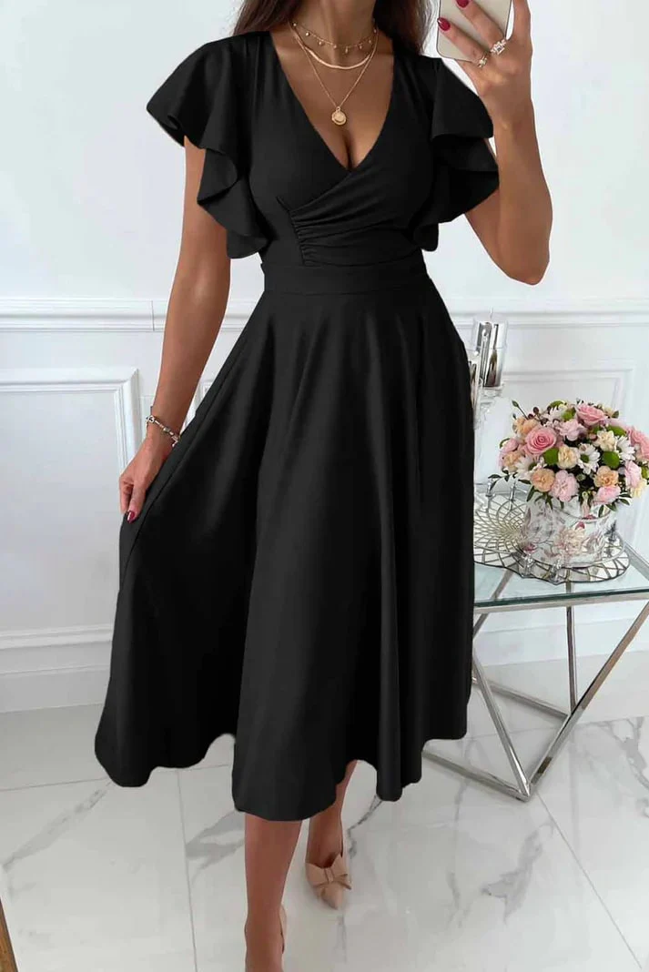 Ladies Midi Dress – V-Neck – Ruffled Sleeves – Fitted – Elegant Flared Fit - Image 4